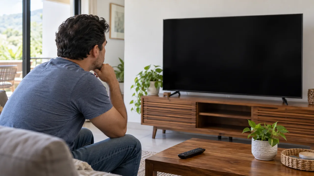 Reparación de Electrodomésticos en Costa Rica 15 Persona observa un televisor con pantalla negra en una sala ilustrativa
